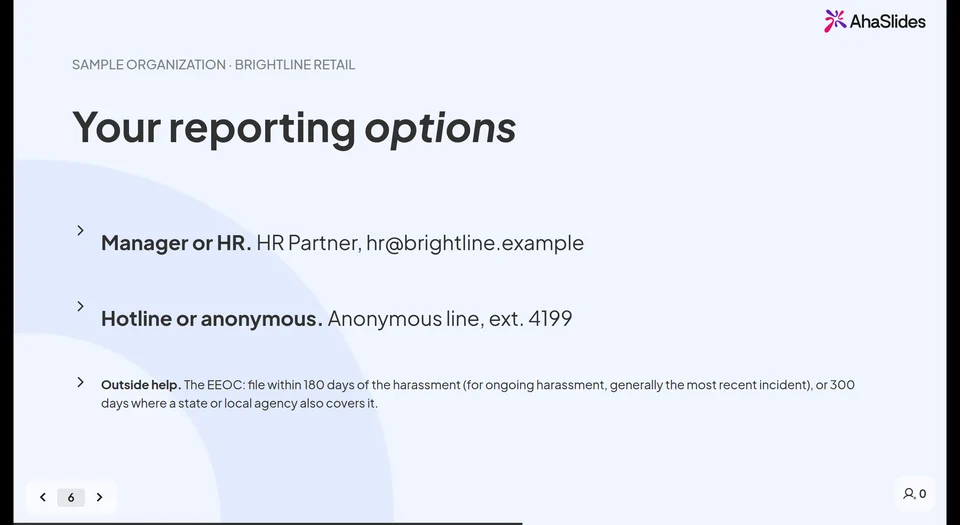 The reporting options slide from the live deck, filled in for a sample organisation